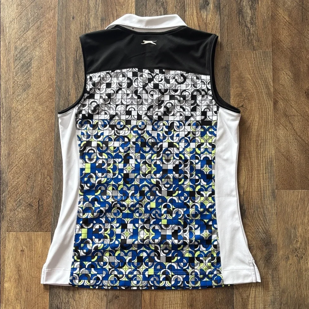 Slazenger Black White Blue Green Sleeveless Geometric Pattern Golf Polo small - Picture 6 of 7